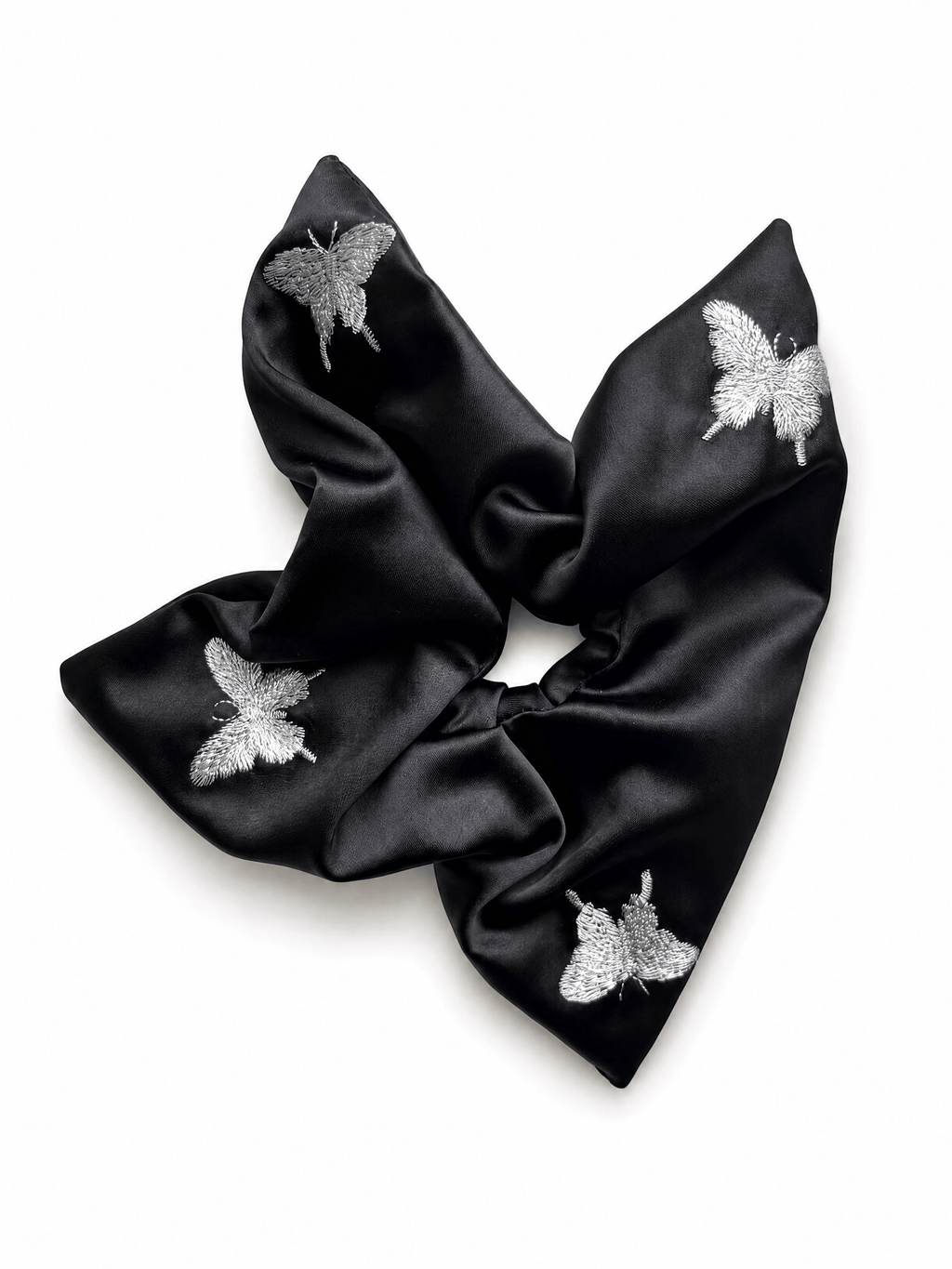 Luxury Black Butterfly Embroidered Satin Hair Scarf Scrunchie – Elegant Bow Knot Hair Accessory for Women