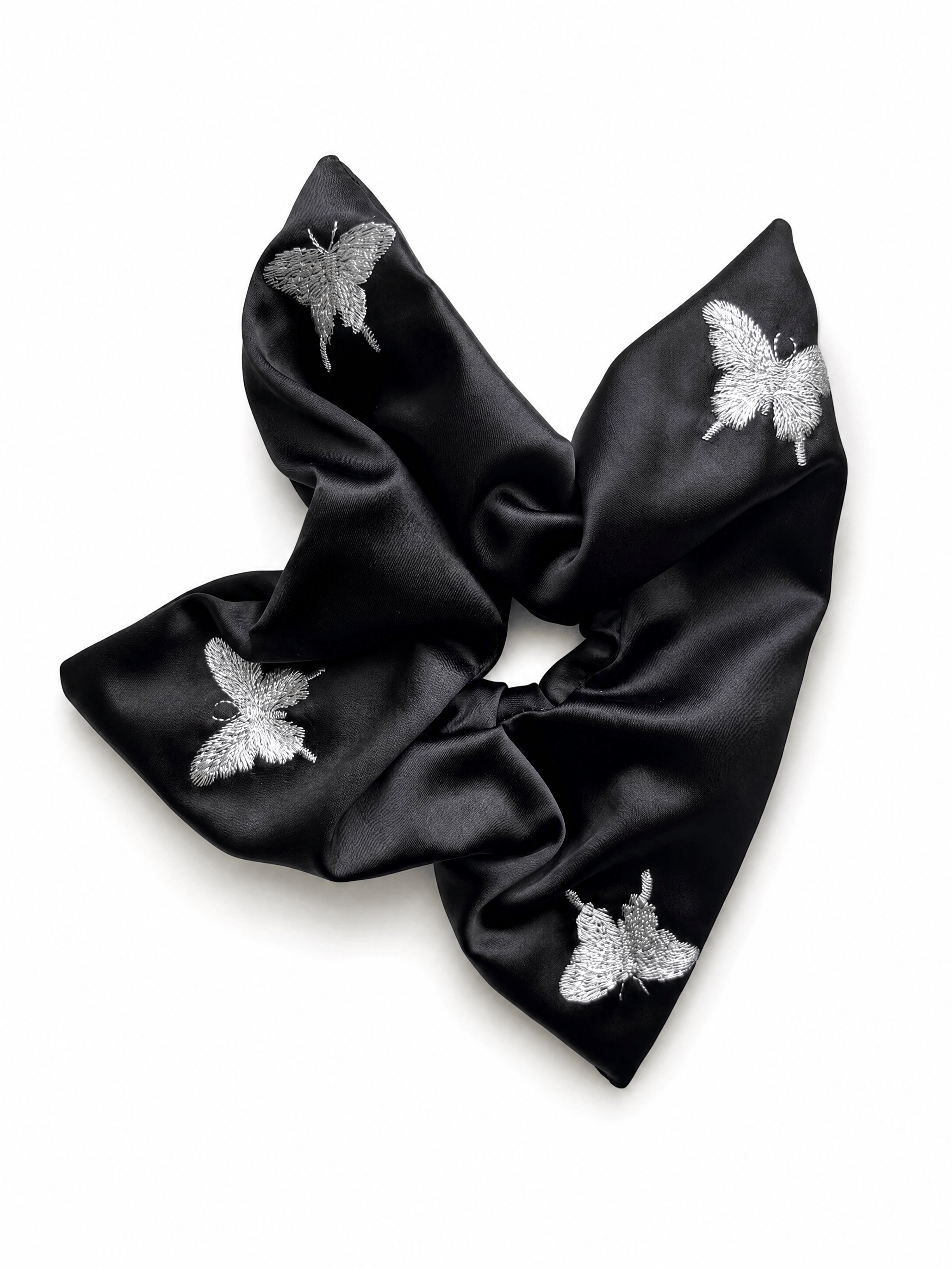 Luxury Black Butterfly Embroidered Satin Hair Scarf Scrunchie – Elegant Bow Knot Hair Accessory for Women