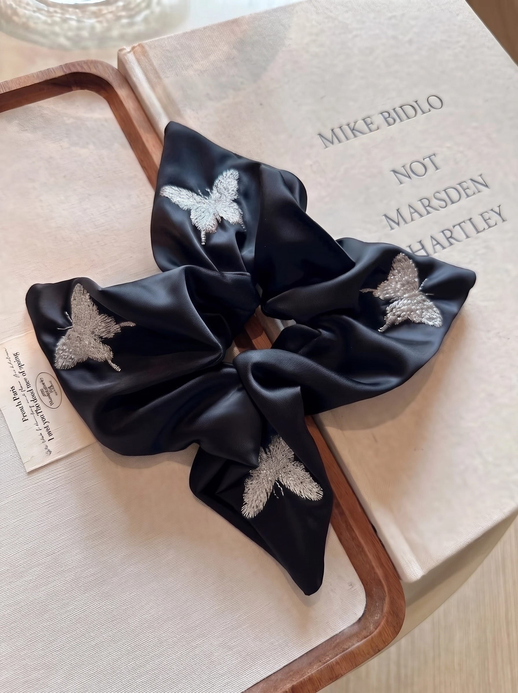 Luxury Black Butterfly Embroidered Satin Hair Scarf Scrunchie – Elegant Bow Knot Hair Accessory for Women