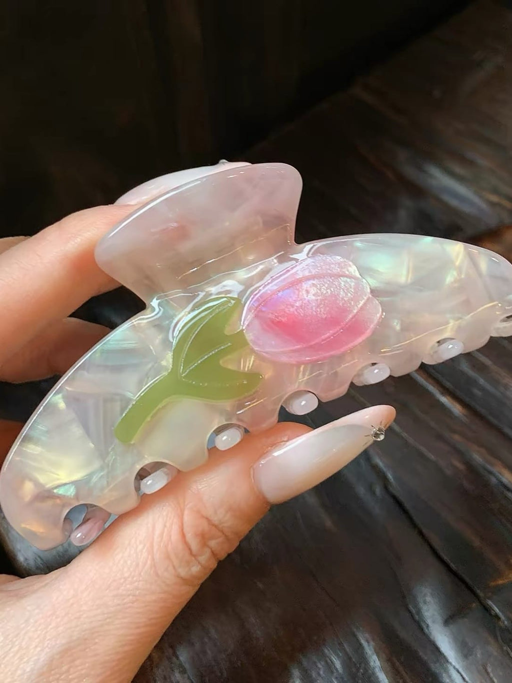 Luxury Iridescent Pink Tulip Hair Claw Clip | Acetate Floral Hair Accessory