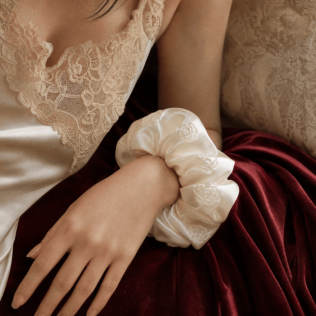 Luxury Ivory Satin Scrunchie with 3D Camellia Detail | Elegant Oversized Hair Tie