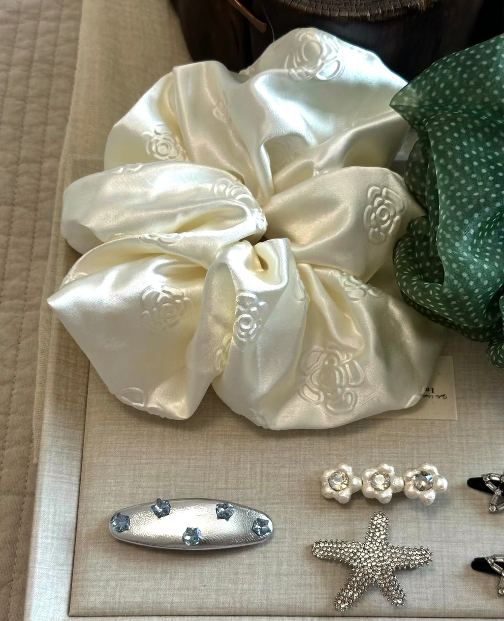 Luxury Ivory Satin Scrunchie with 3D Camellia Detail | Elegant Oversized Hair Tie