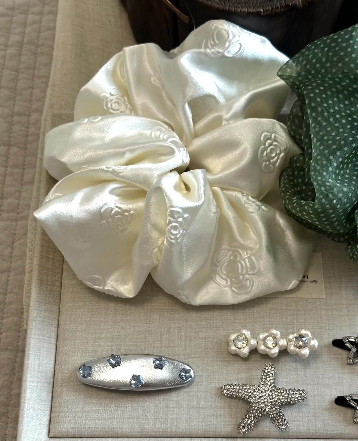 Luxury Ivory Satin Scrunchie with 3D Camellia Detail | Elegant Oversized Hair Tie