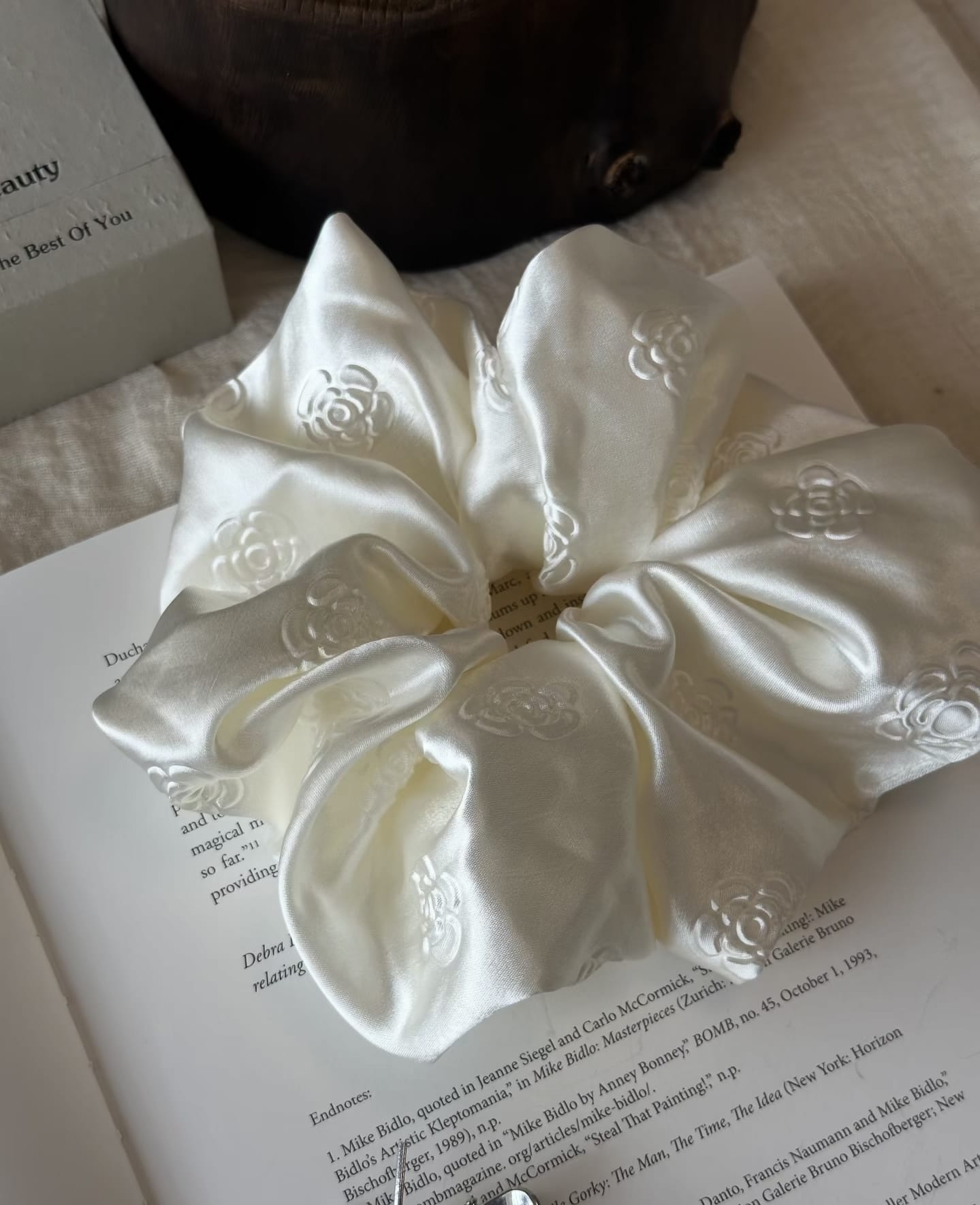 Luxury Ivory Satin Scrunchie with 3D Camellia Detail | Elegant Oversized Hair Tie