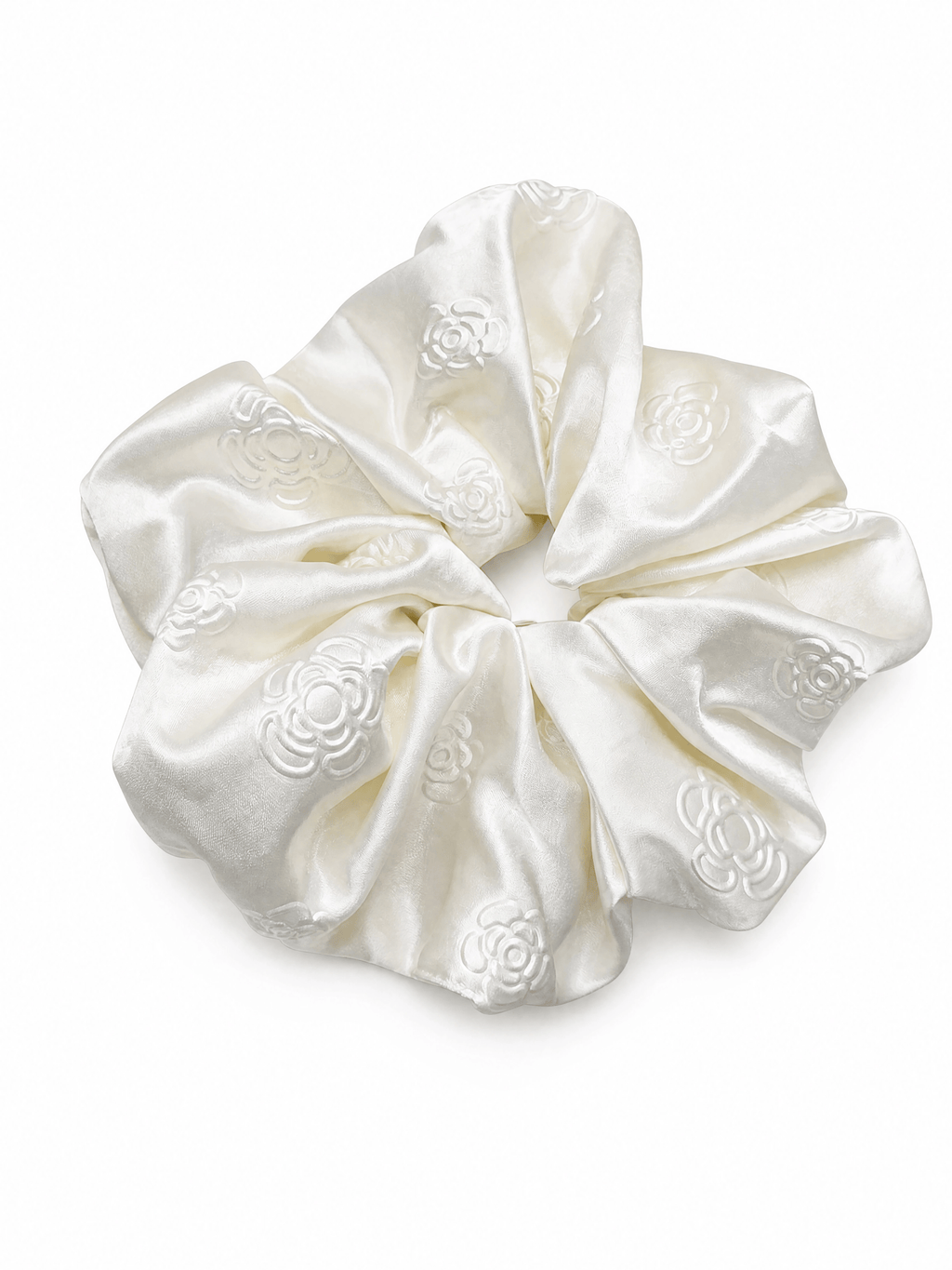 Luxury Ivory Satin Scrunchie with 3D Camellia Detail | Elegant Oversized Hair Tie