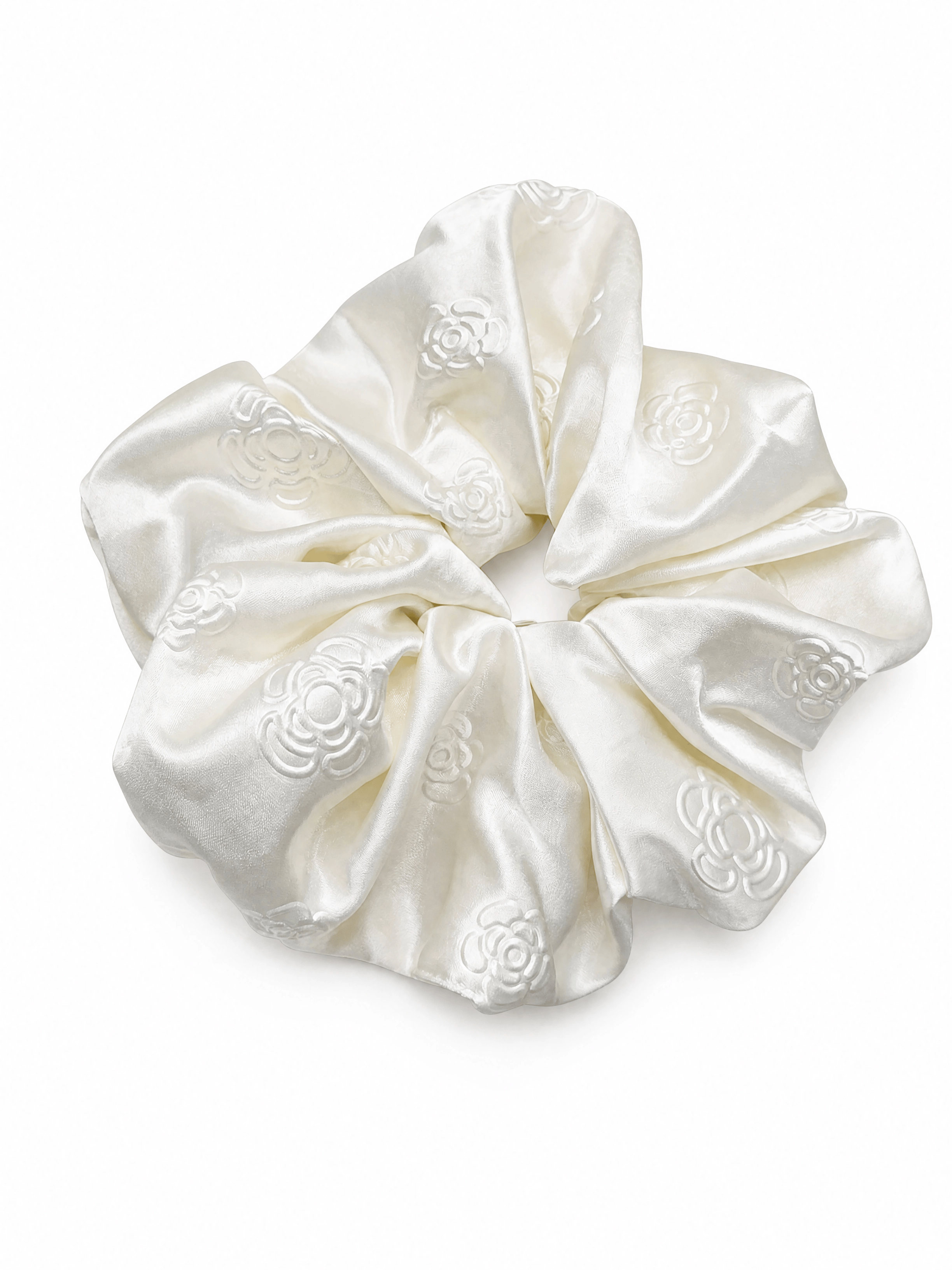 Luxury Ivory Satin Scrunchie with 3D Camellia Detail | Elegant Oversized Hair Tie