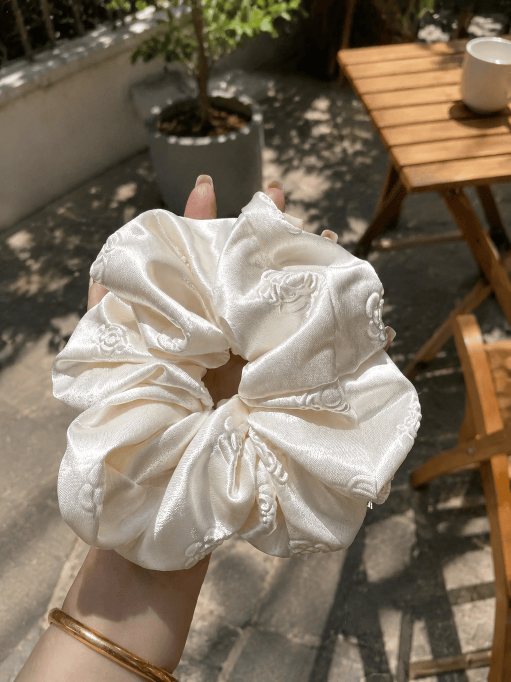 Luxury Ivory Satin Scrunchie with 3D Camellia Detail | Elegant Oversized Hair Tie
