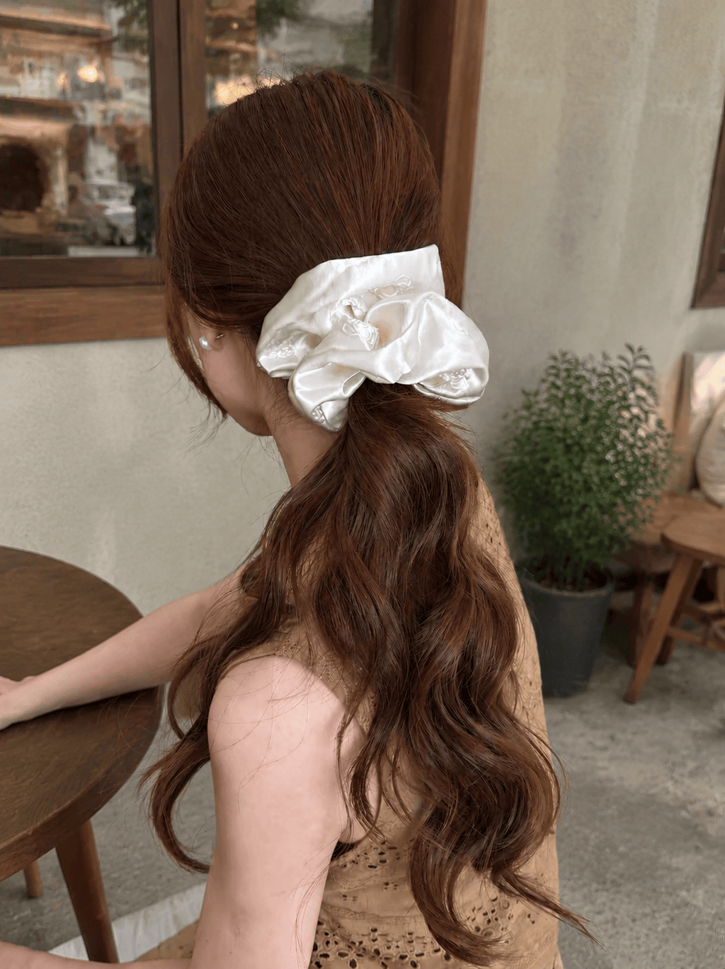 Luxury Ivory Satin Scrunchie with 3D Camellia Detail | Elegant Oversized Hair Tie