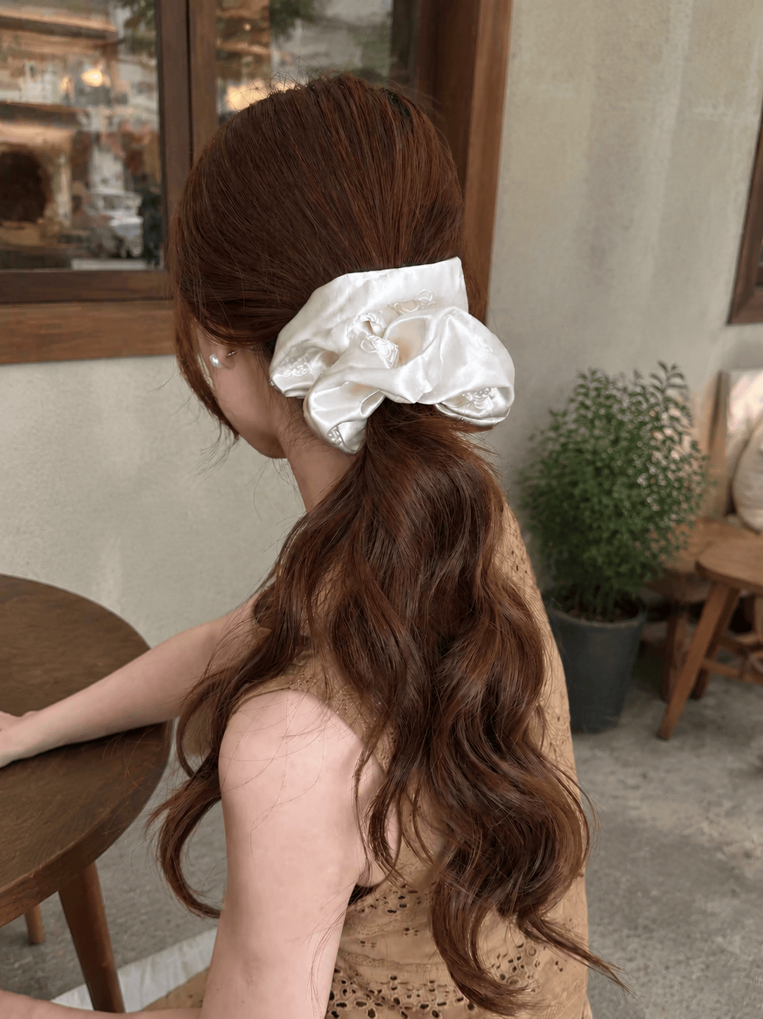 Luxury Ivory Satin Scrunchie with 3D Camellia Detail | Elegant Oversized Hair Tie