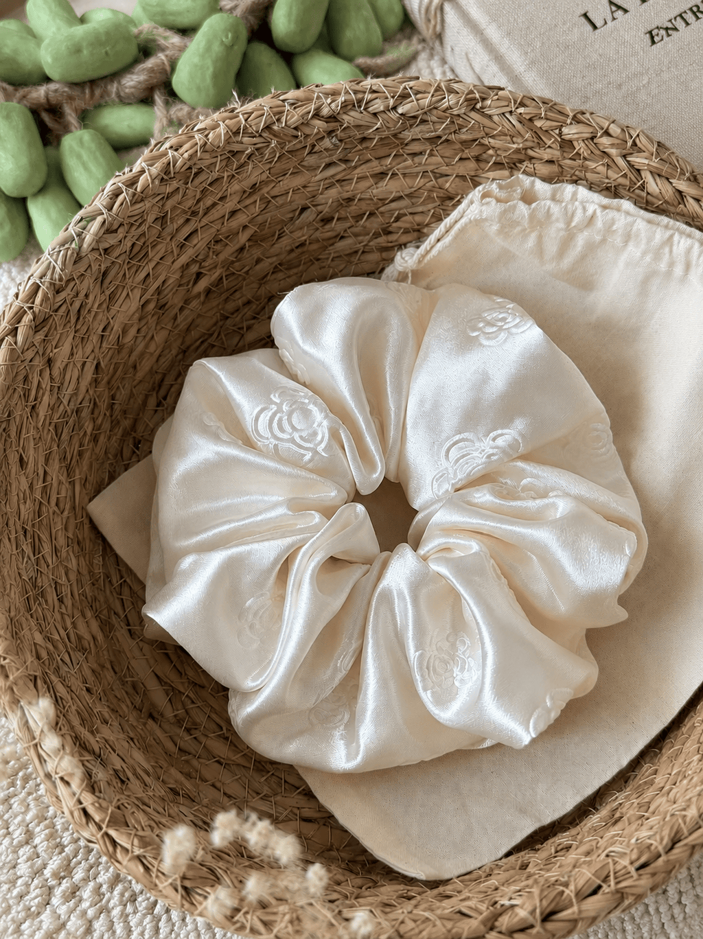 Luxury Ivory Satin Scrunchie with 3D Camellia Detail | Elegant Oversized Hair Tie