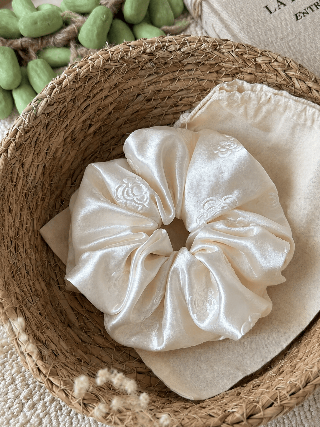 Luxury Ivory Satin Scrunchie with 3D Camellia Detail | Elegant Oversized Hair Tie