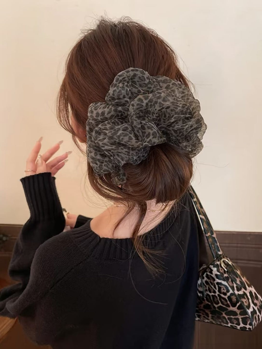 Luxury Mocha Leopard Organza Scrunchie | Oversized Hair Tie