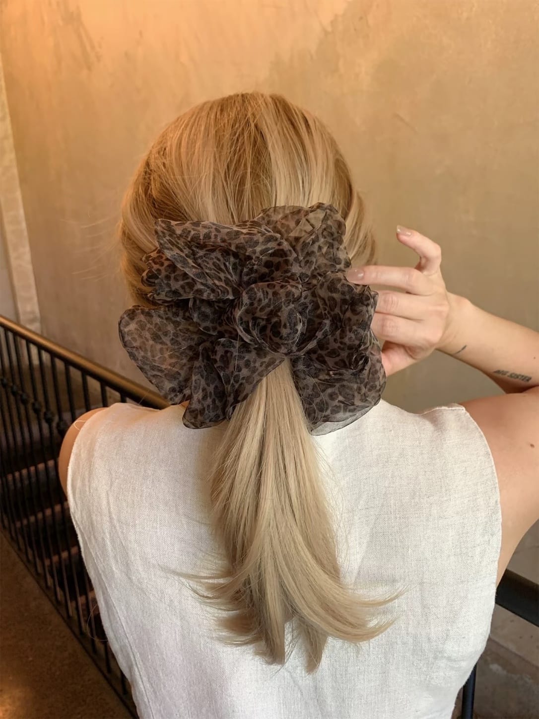 Luxury Mocha Leopard Organza Scrunchie | Oversized Hair Tie