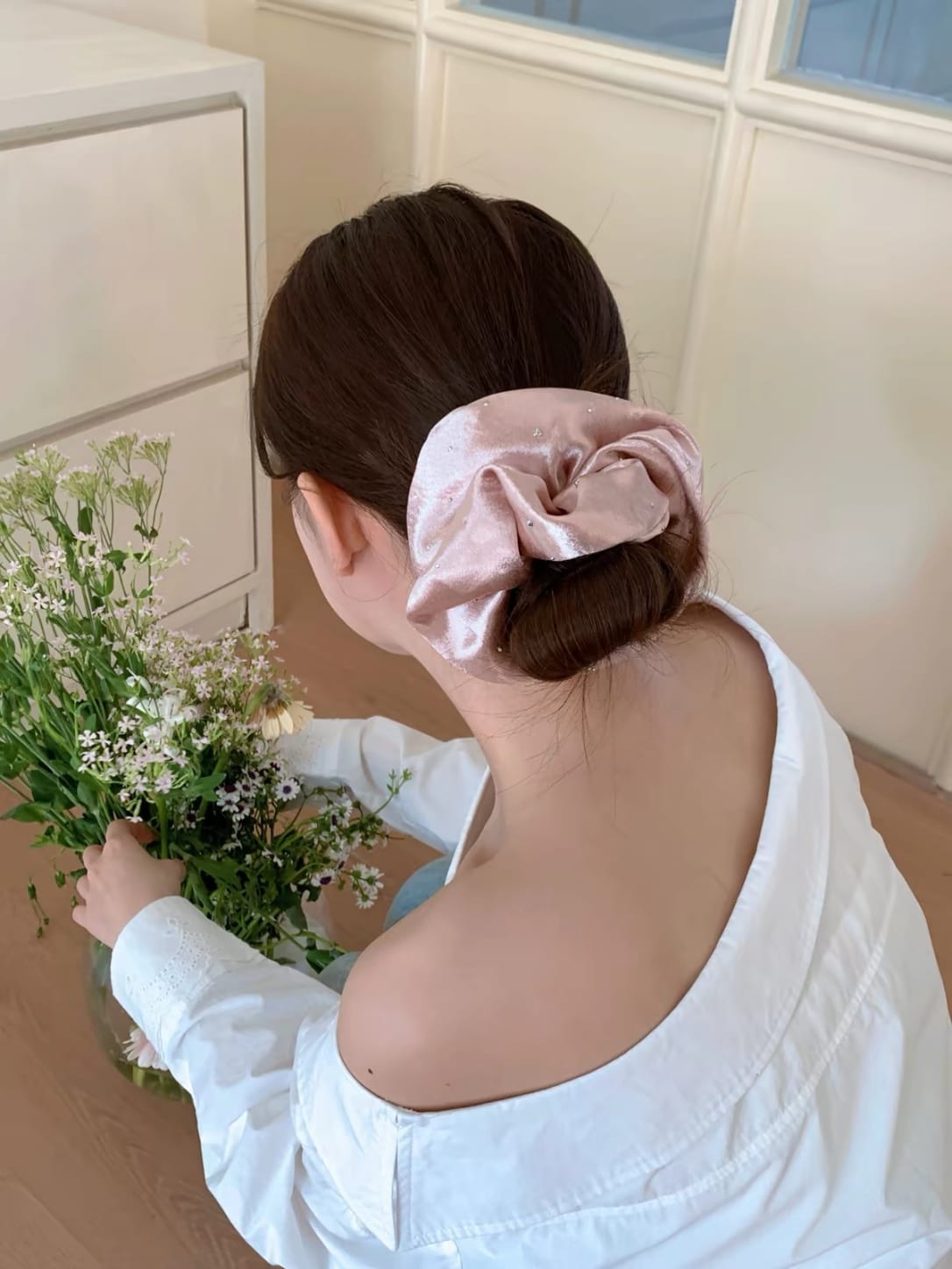 Luxury Satin Rhinestone Scrunchie – Sparkling Oversized Hair Tie