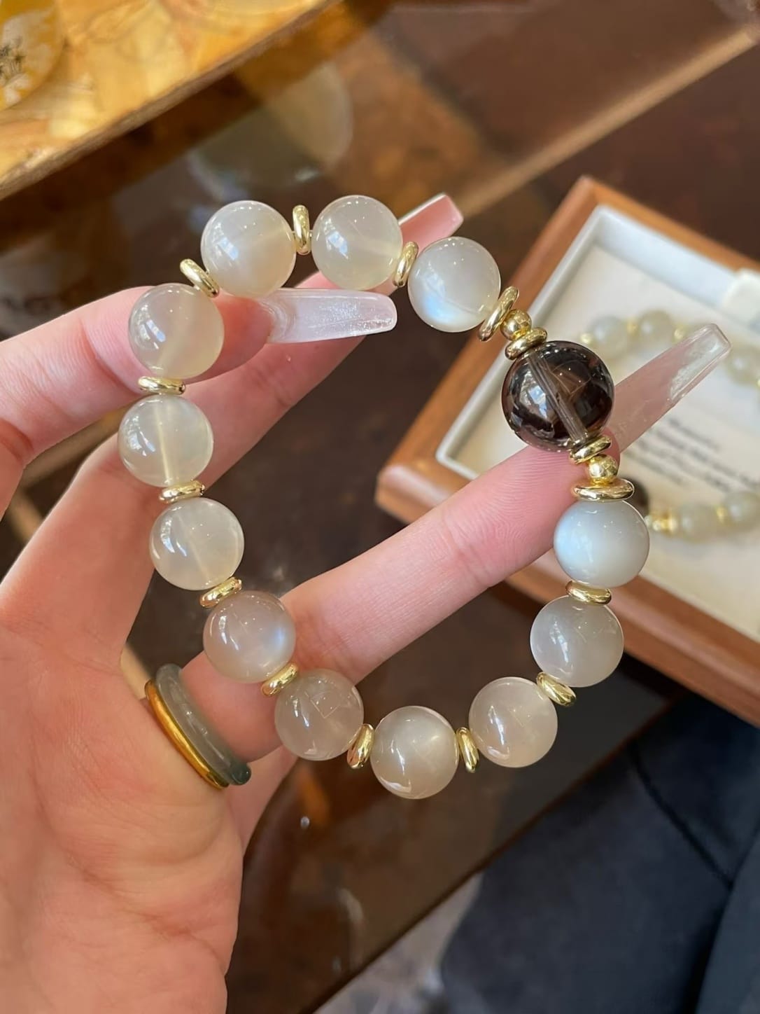 Milk Tea Moonstone & Smoky Quartz Bracelet – Natural Crystal Jewelry