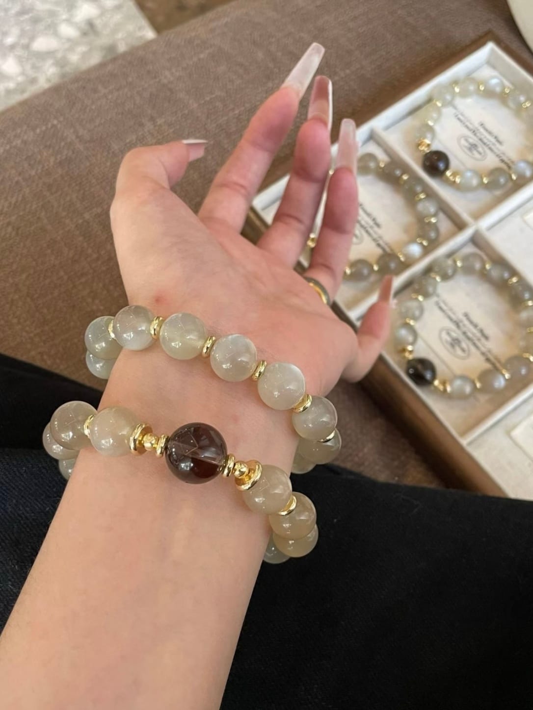 Milk Tea Moonstone & Smoky Quartz Bracelet – Natural Crystal Jewelry