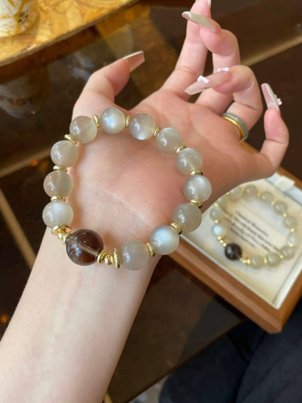 Milk Tea Moonstone & Smoky Quartz Bracelet – Natural Crystal Jewelry