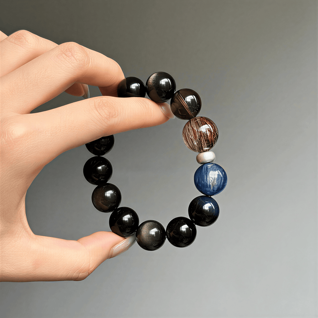 Natural Black Gold Obsidian Bracelet – Blue Crystal & Tiger Eye Beaded Energy Bracelet for Protection, Balance & Confidence | Unisex Healing Crystal Jewelry
