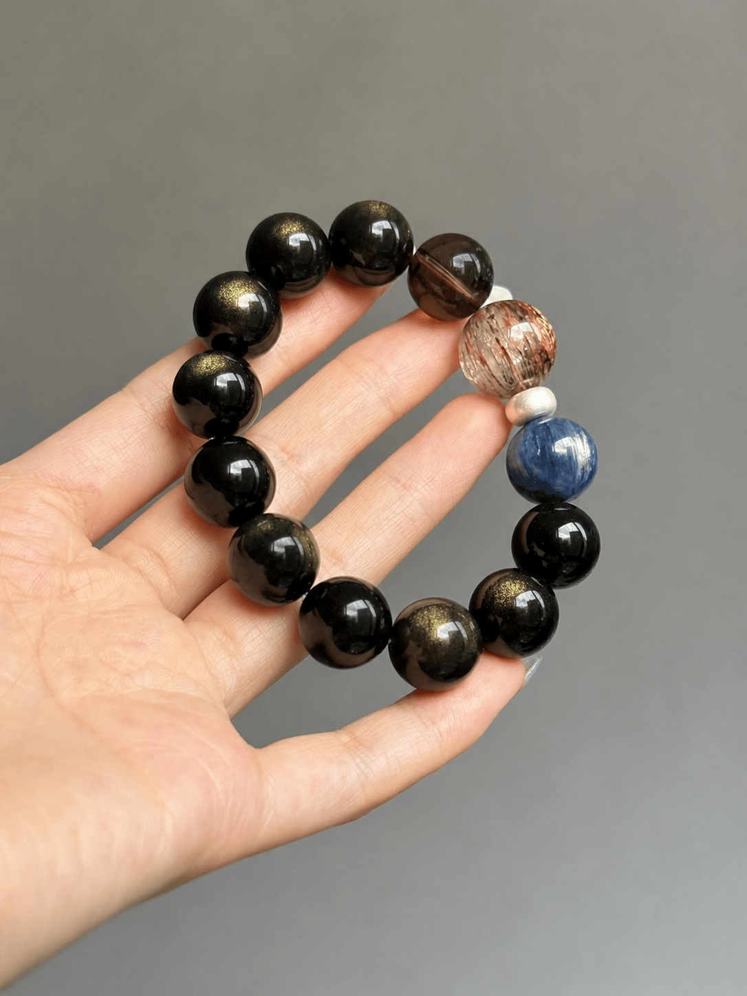 Natural Black Gold Obsidian Bracelet – Blue Crystal & Tiger Eye Beaded Energy Bracelet for Protection, Balance & Confidence | Unisex Healing Crystal Jewelry