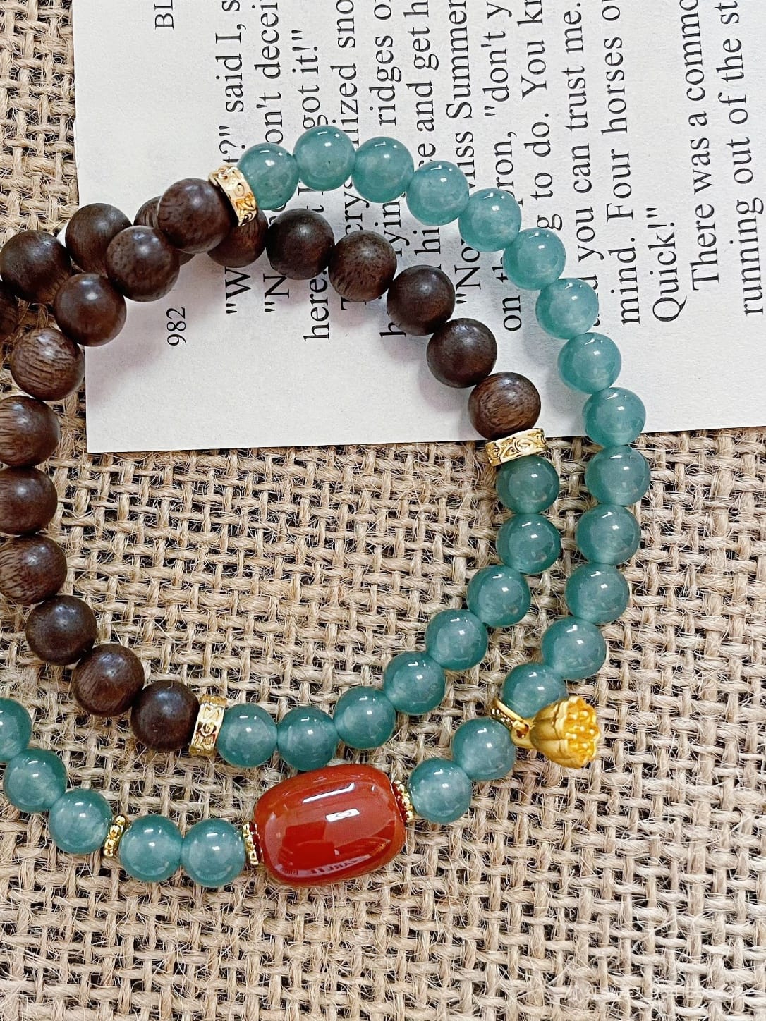 Natural Blue Jadeite, Agarwood & Nanhong Agate Double Wrap Bracelet 
