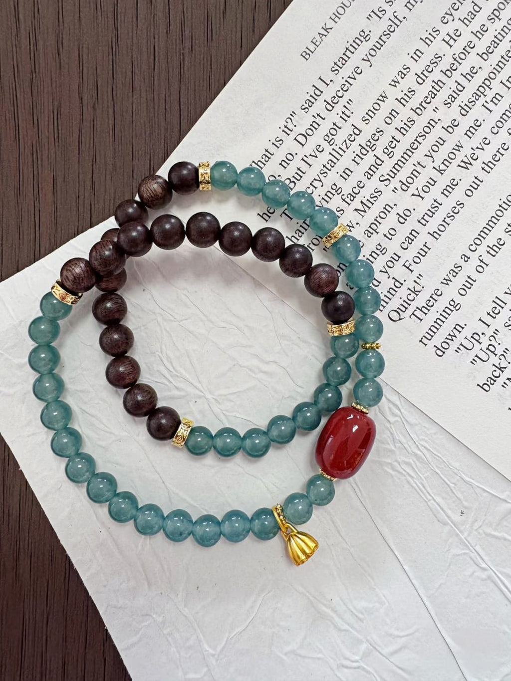 Natural Blue Jadeite, Agarwood & Nanhong Agate Double Wrap Bracelet 