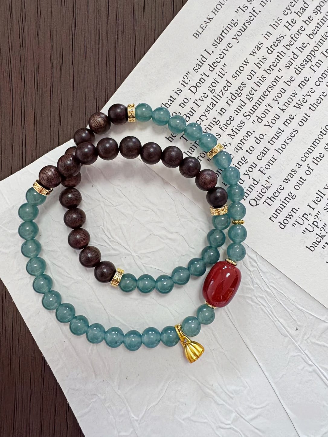 Natural Blue Jadeite, Agarwood & Nanhong Agate Double Wrap Bracelet 
