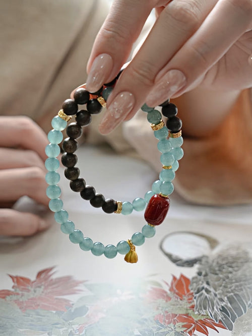 Natural Blue Jadeite, Agarwood & Nanhong Agate Double Wrap Bracelet 