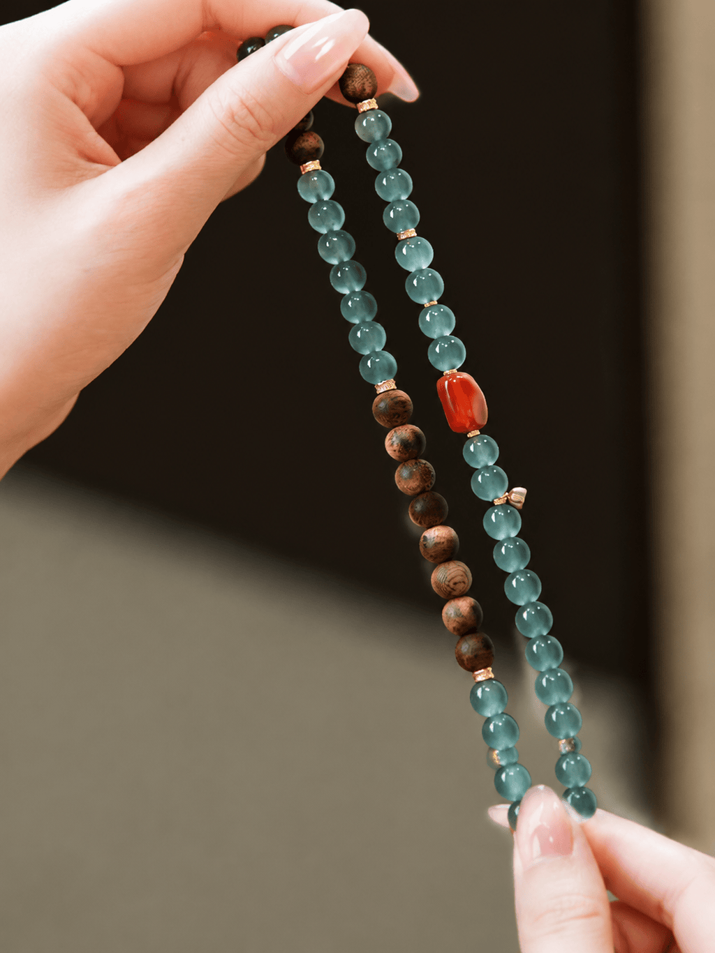Natural Blue Jadeite, Agarwood & Nanhong Agate Double Wrap Bracelet 