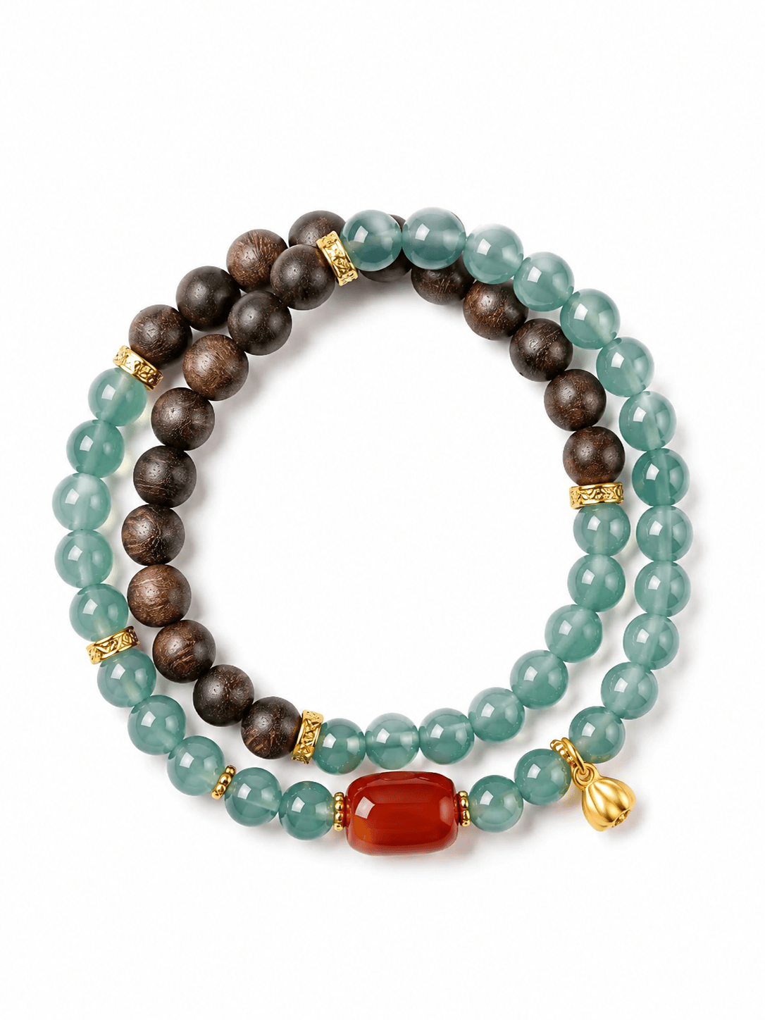 Natural Blue Jadeite, Agarwood & Nanhong Agate Double Wrap Bracelet 