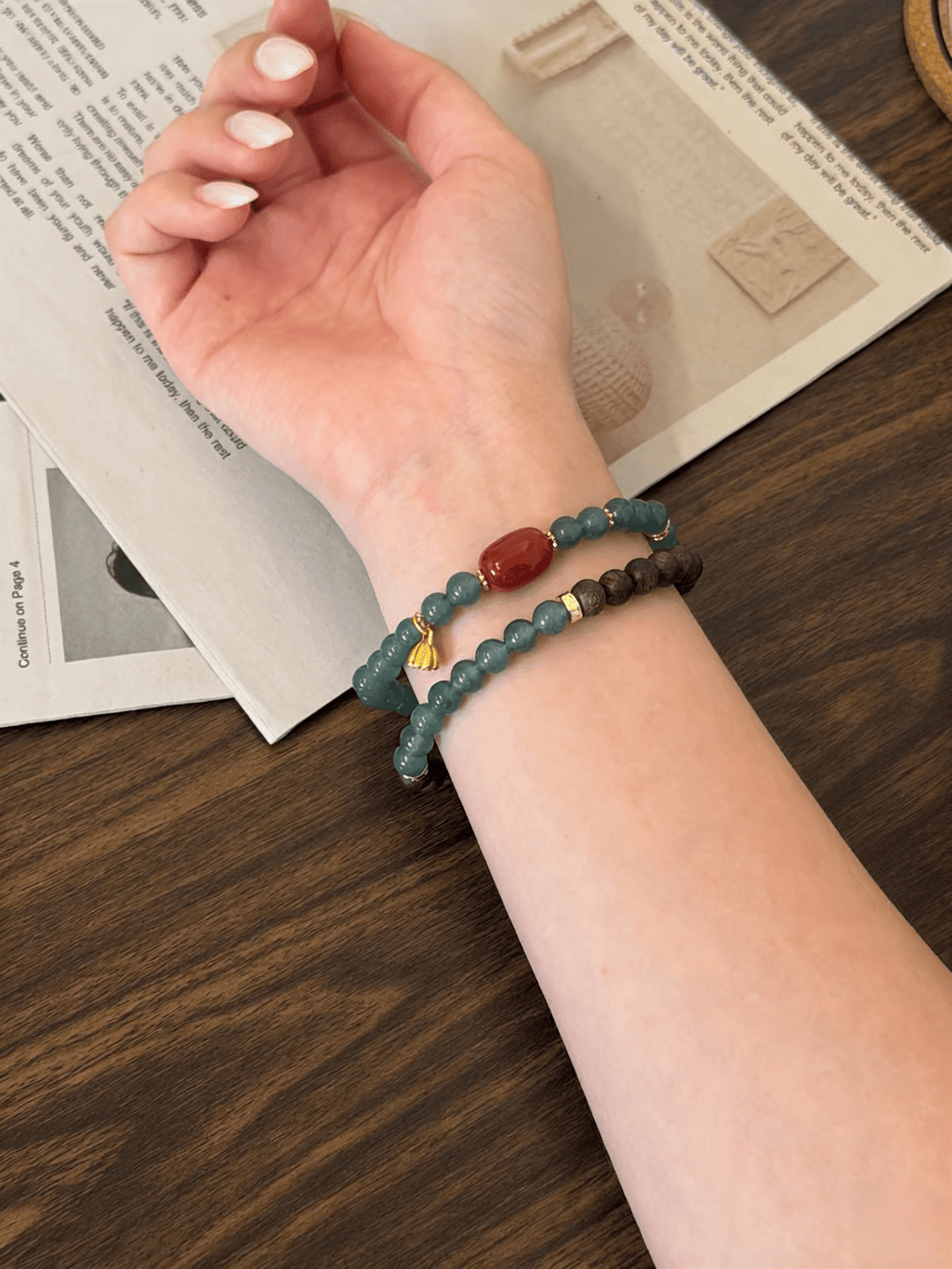 Natural Blue Jadeite, Agarwood & Nanhong Agate Double Wrap Bracelet 