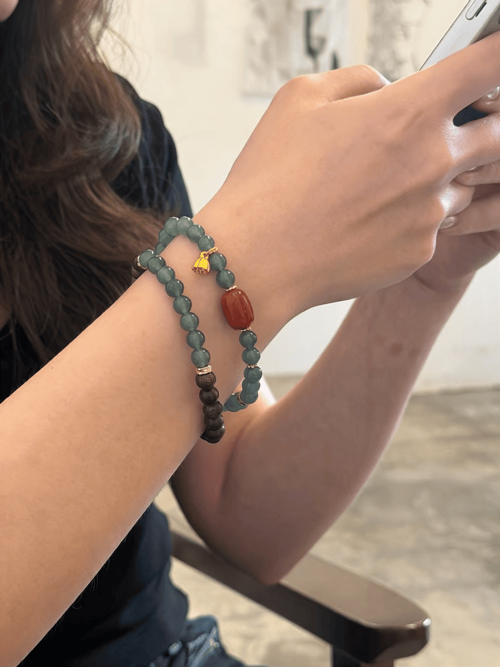 Natural Blue Jadeite, Agarwood & Nanhong Agate Double Wrap Bracelet 