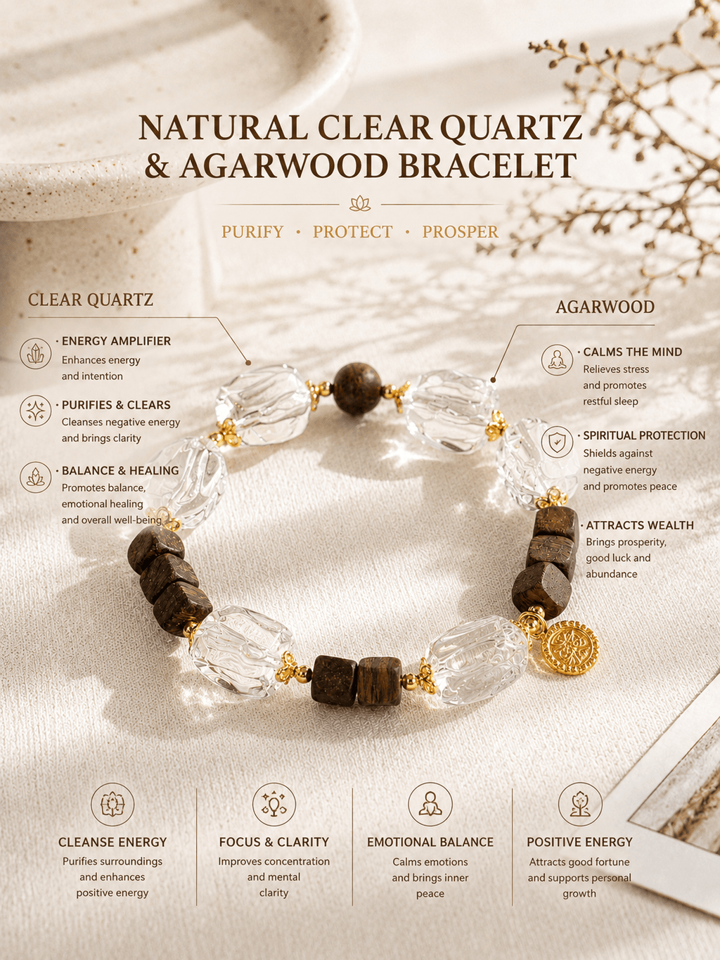Natural Clear Quartz Bracelet with Agarwood Beads | Feng Shui Prosperity & Positive Energy Crystal Jewelry
