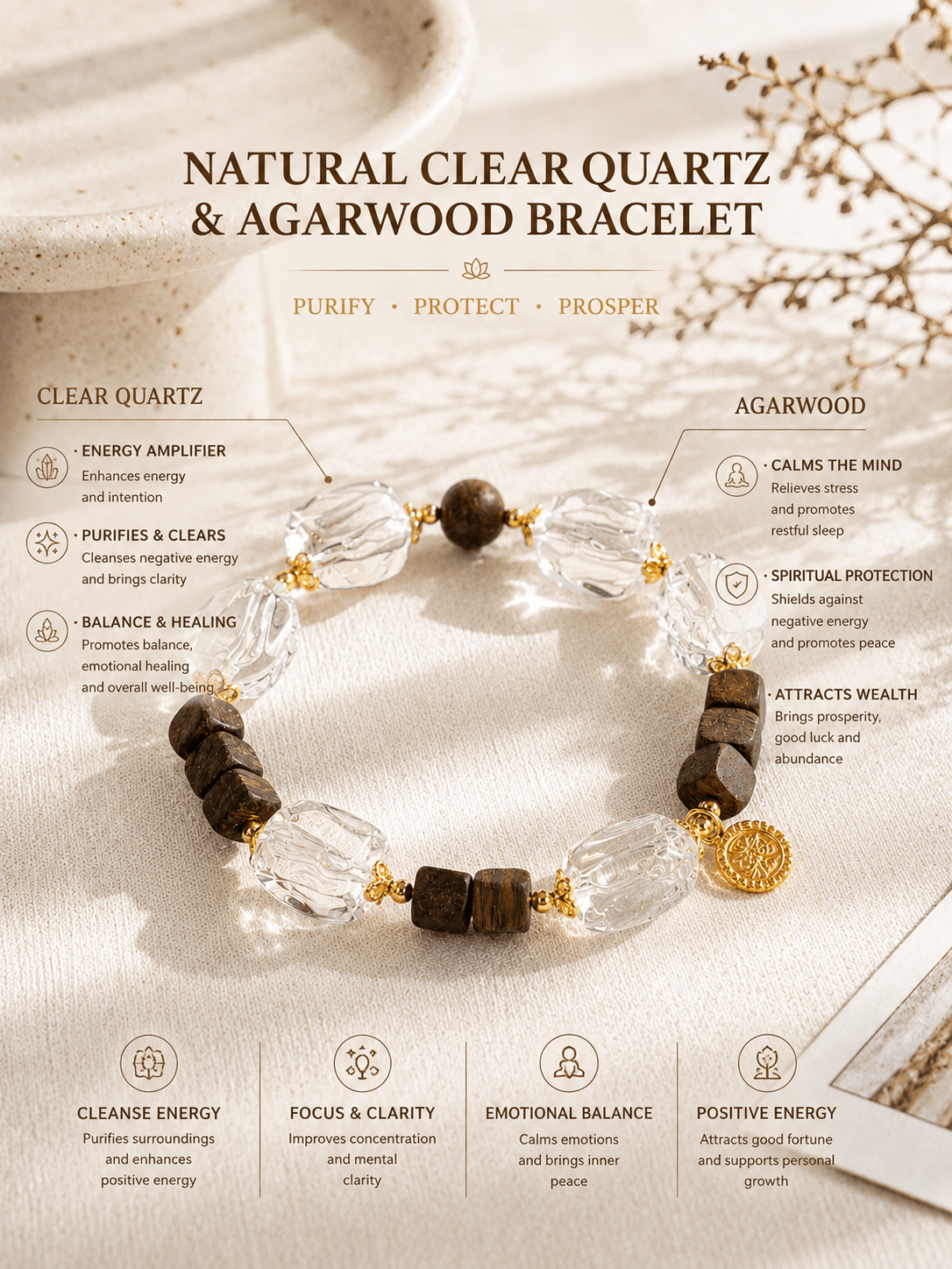 Natural Clear Quartz Bracelet with Agarwood Beads | Feng Shui Prosperity & Positive Energy Crystal Jewelry