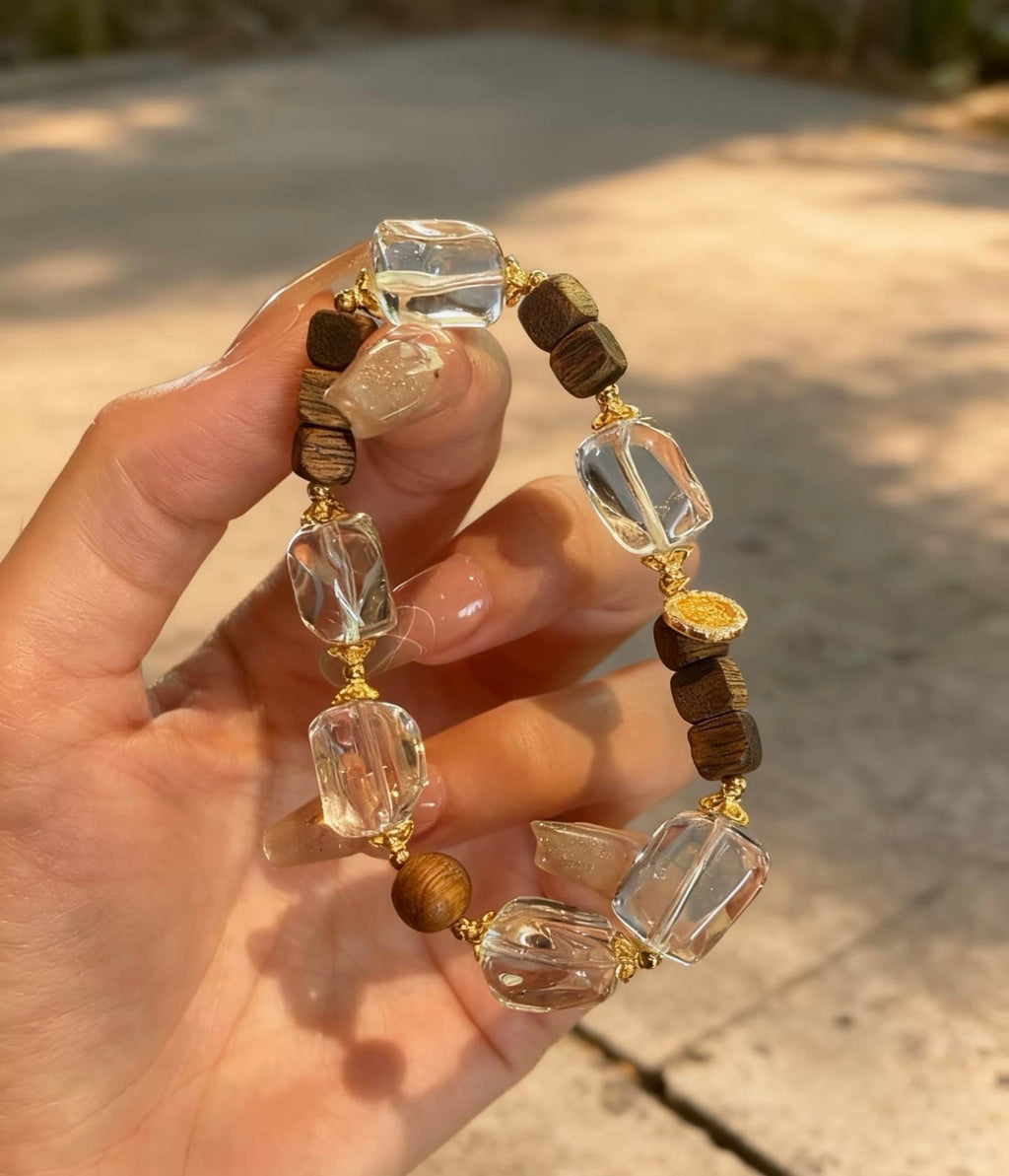 Natural Clear Quartz Bracelet with Agarwood Beads | Feng Shui Prosperity & Positive Energy Crystal Jewelry