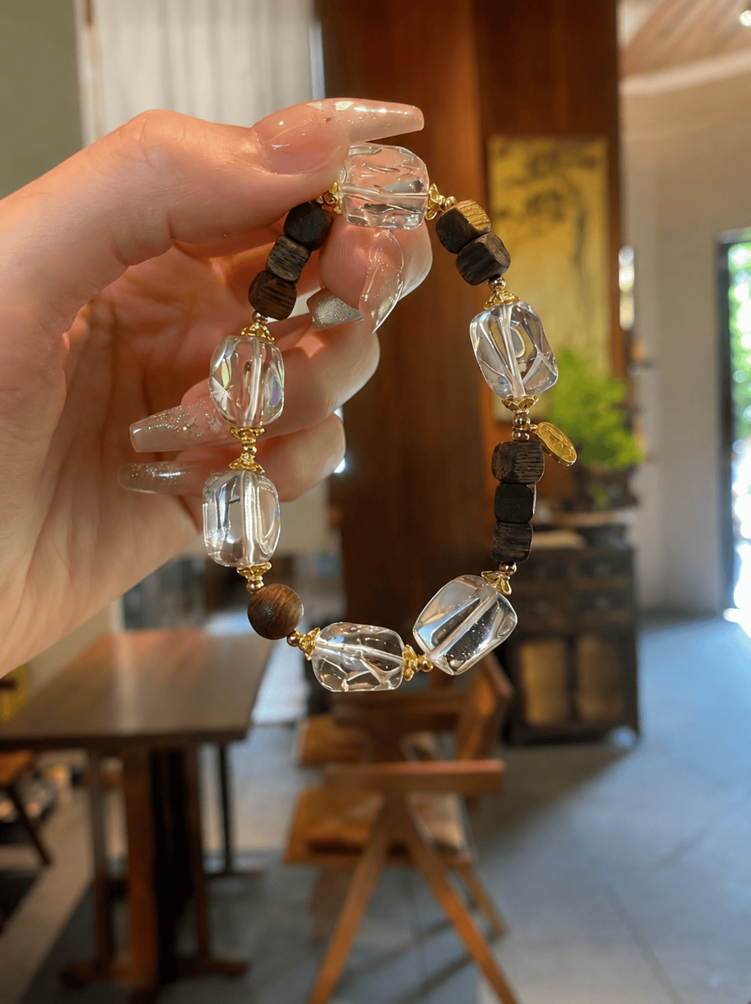 Natural Clear Quartz Bracelet with Agarwood Beads | Feng Shui Prosperity & Positive Energy Crystal Jewelry