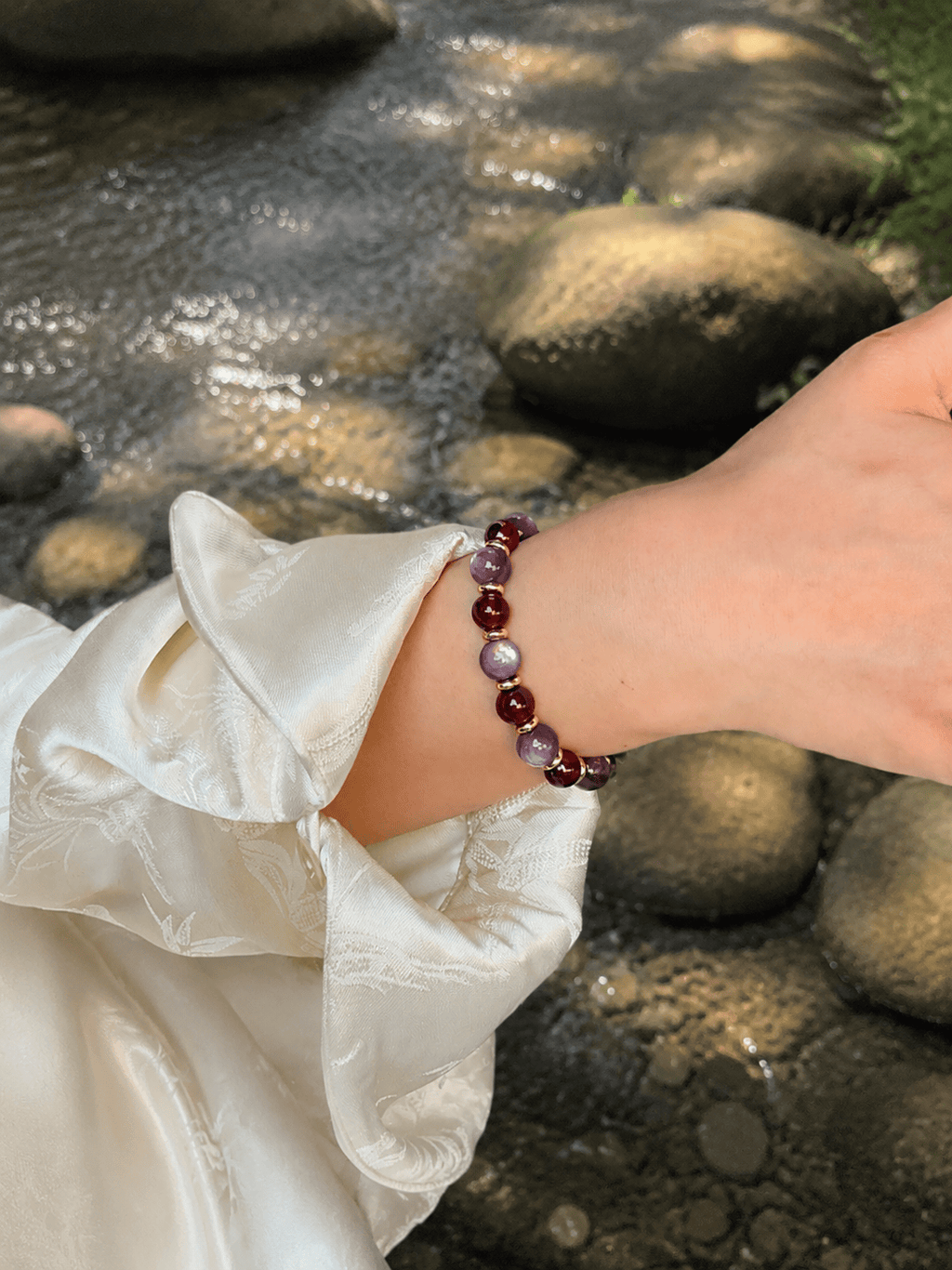 Natural Garnet & Lepidolite Bracelet Crystal Beads | Healing Stretch Bracelet