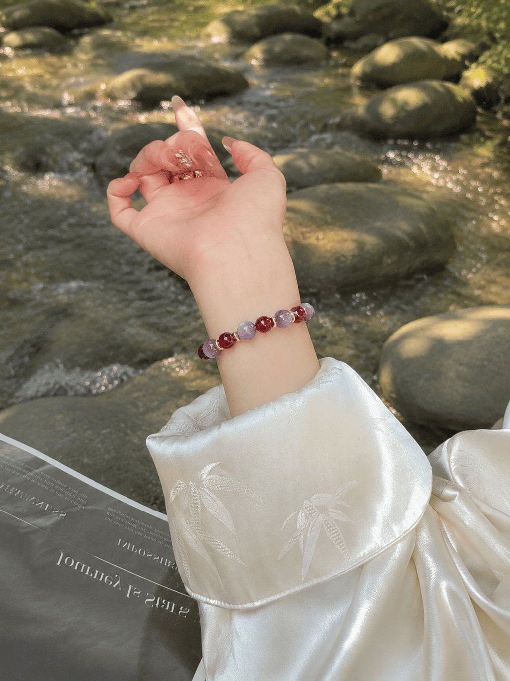 Natural Garnet & Lepidolite Bracelet Crystal Beads | Healing Stretch Bracelet