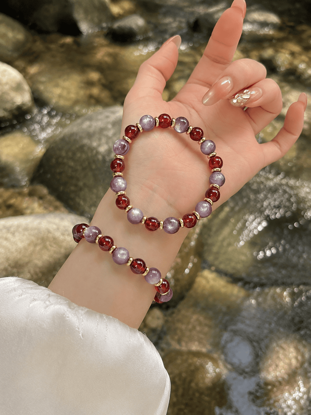 Natural Garnet & Lepidolite Bracelet Crystal Beads | Healing Stretch Bracelet