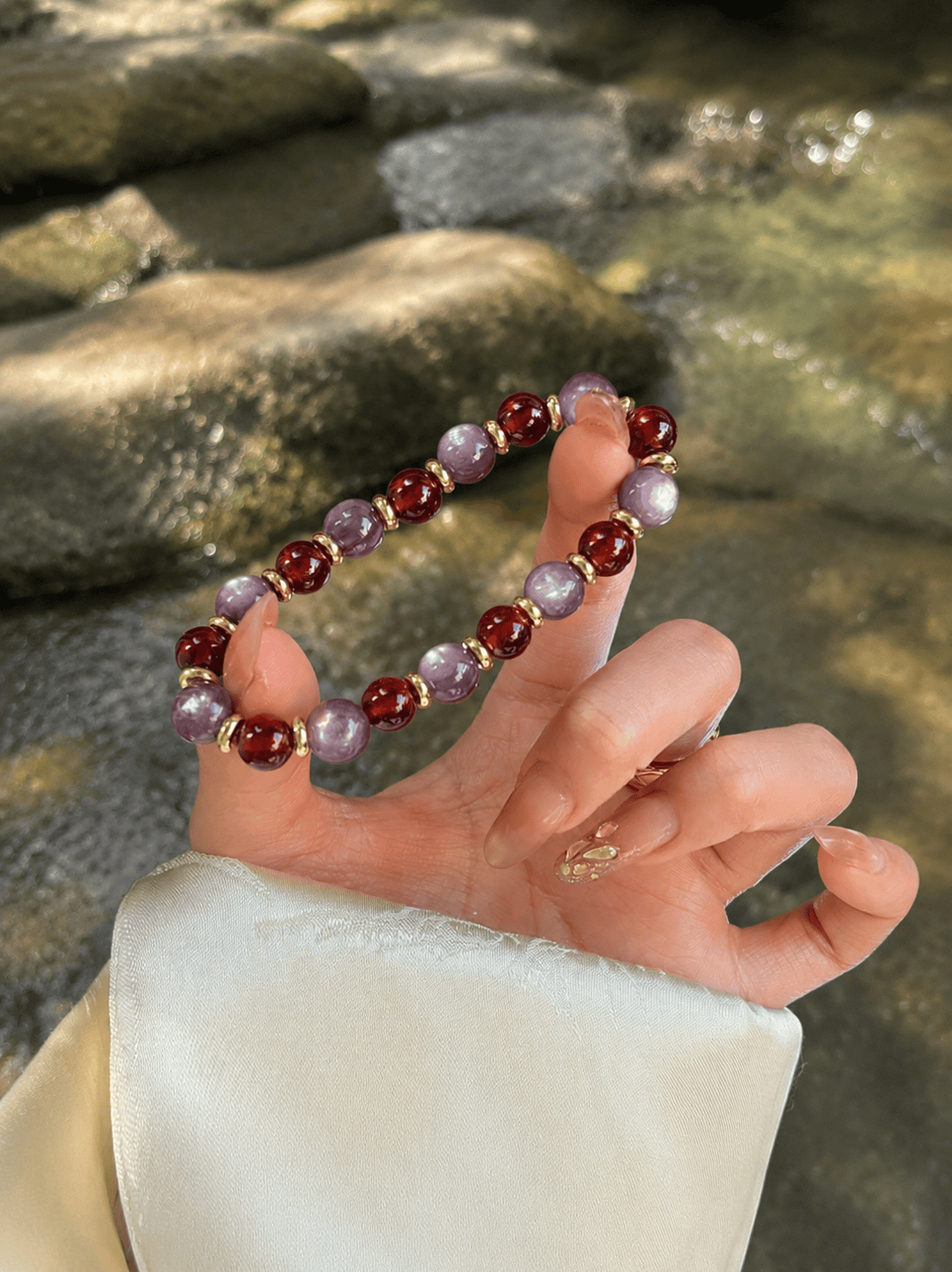 Natural Garnet & Lepidolite Bracelet Crystal Beads | Healing Stretch Bracelet