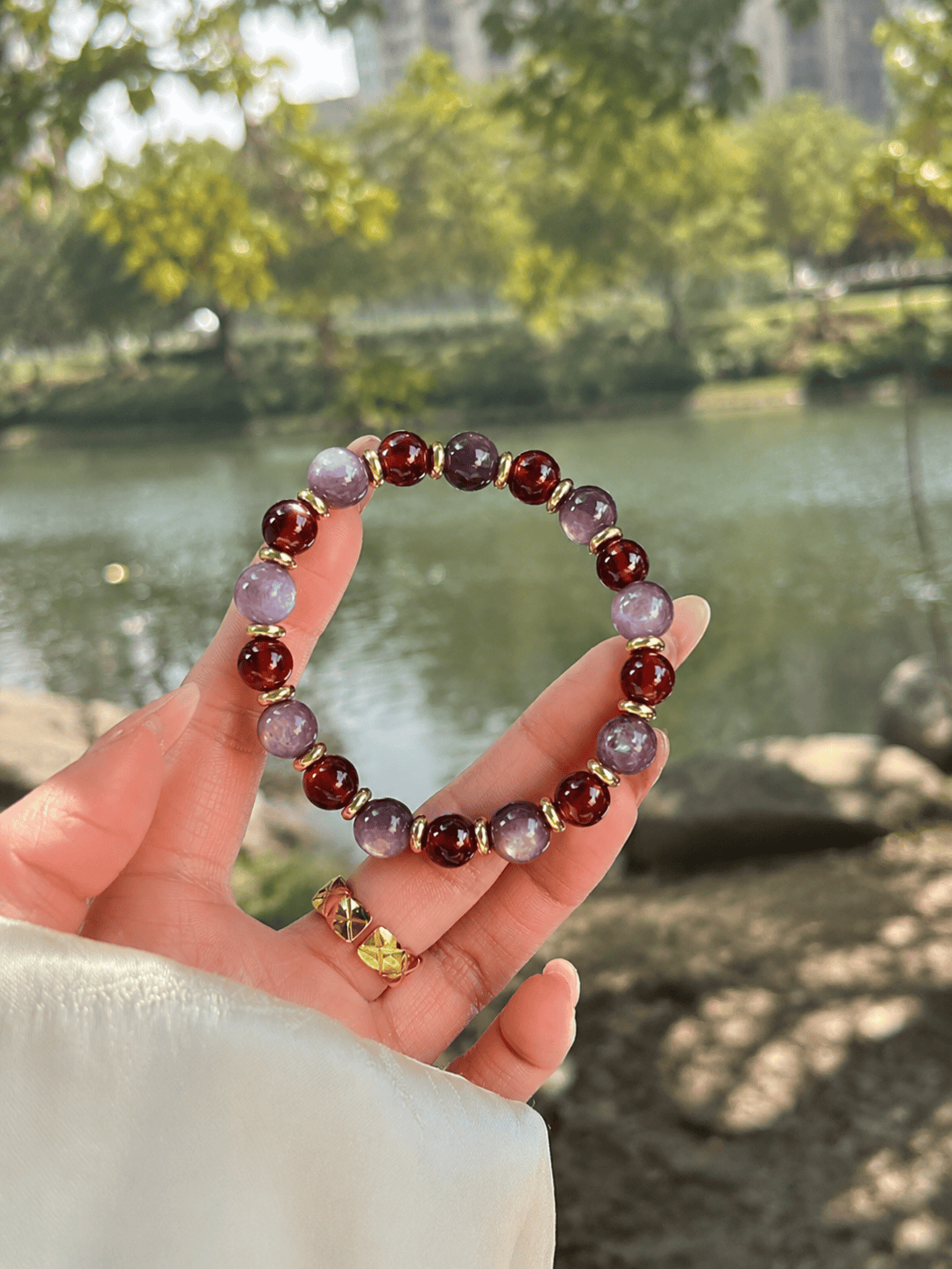 Natural Garnet & Lepidolite Bracelet Crystal Beads | Healing Stretch Bracelet