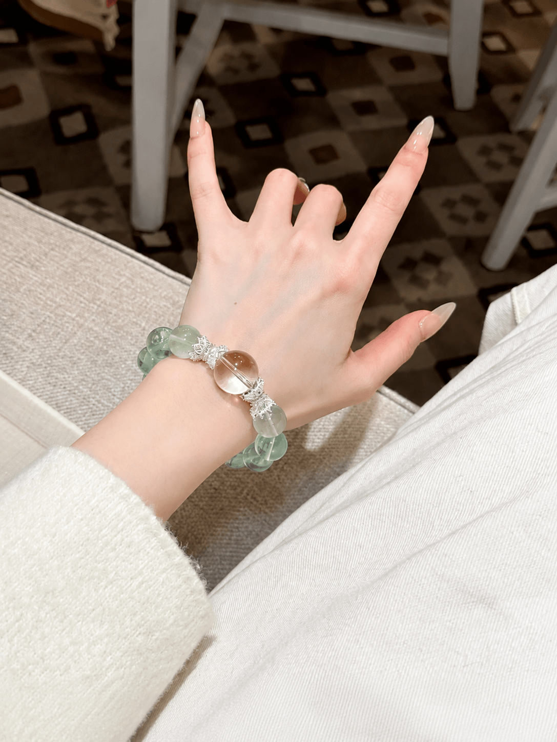 Natural Green Fluorite & White Crystal Beaded Bracelet – Elegant Women’s Gemstone Bracelet with Minimalist Luxury Design