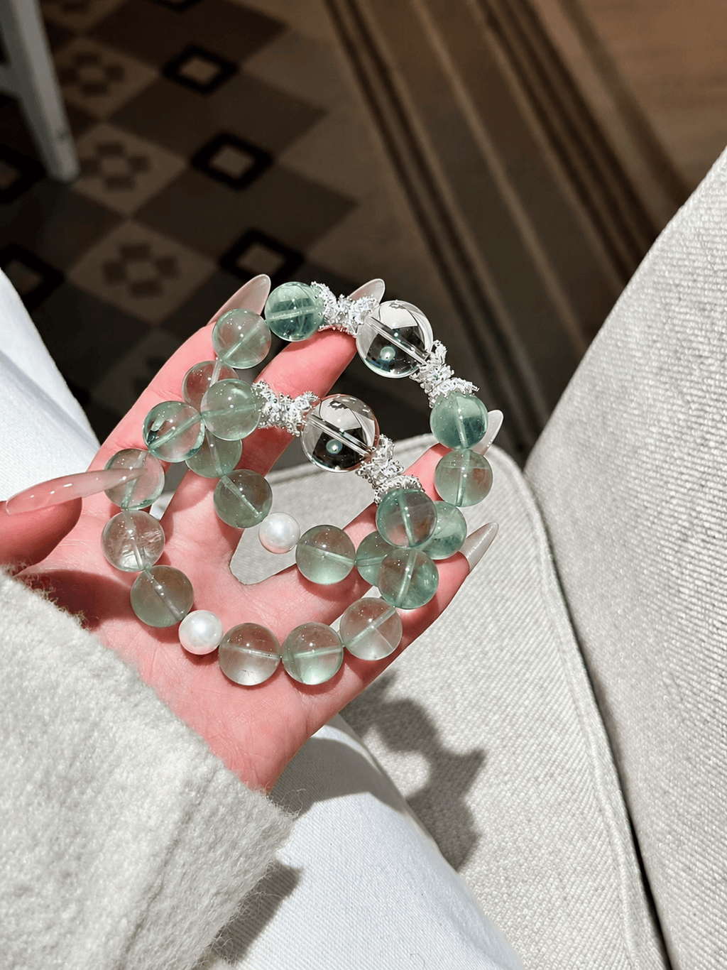 Natural Green Fluorite & White Crystal Beaded Bracelet – Elegant Women’s Gemstone Bracelet with Minimalist Luxury Design