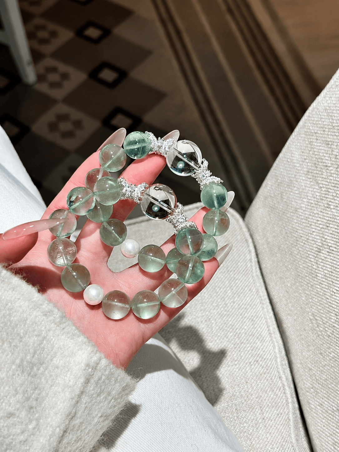 Natural Green Fluorite & White Crystal Beaded Bracelet – Elegant Women’s Gemstone Bracelet with Minimalist Luxury Design