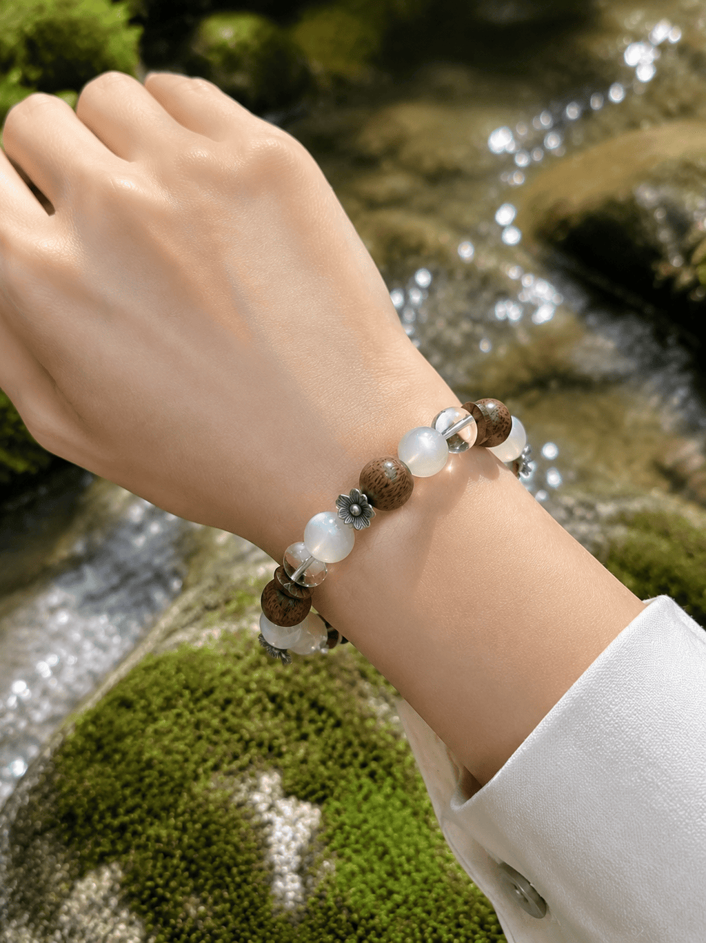 Natural Moonstone, Agarwood & Clear Crystal Beaded Bracelet – Handcrafted Spiritual Jewelry for Men & Women