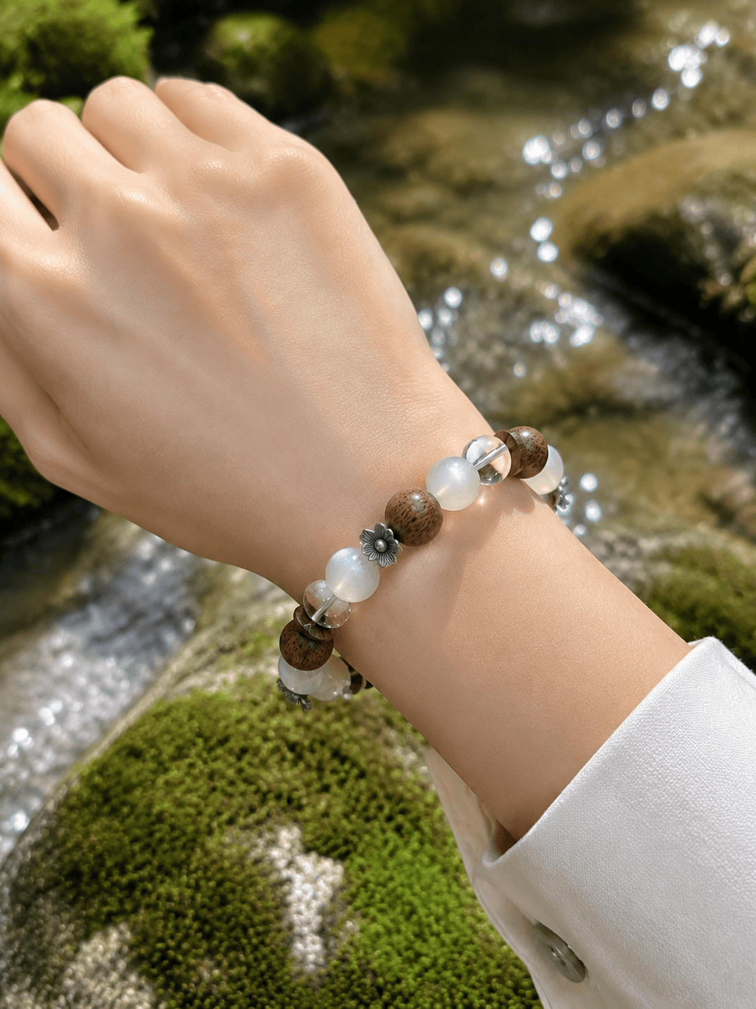 Natural Moonstone, Agarwood & Clear Crystal Beaded Bracelet – Handcrafted Spiritual Jewelry for Men & Women