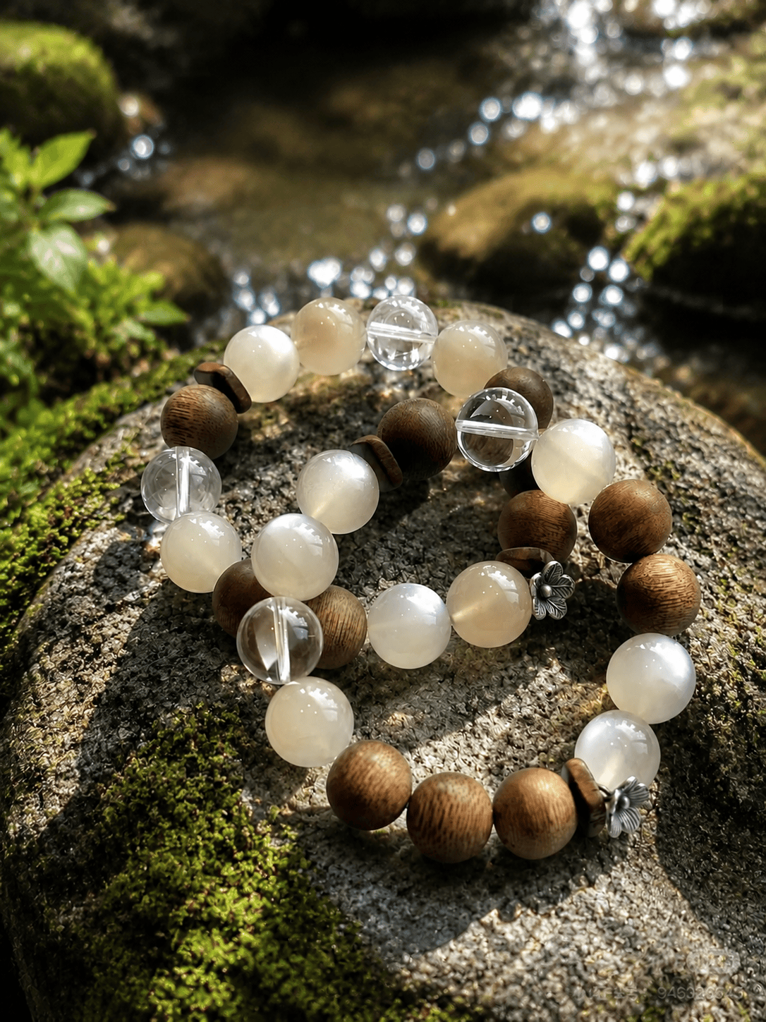 Natural Moonstone, Agarwood & Clear Crystal Beaded Bracelet – Handcrafted Spiritual Jewelry for Men & Women