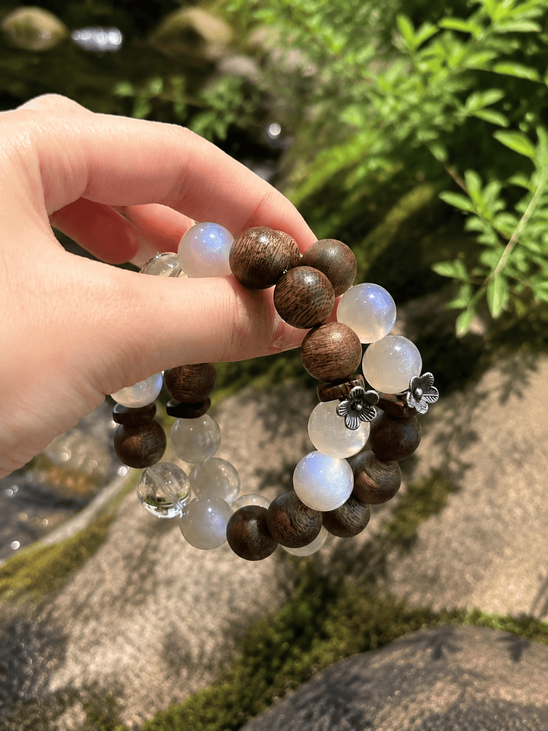 Natural Moonstone, Agarwood & Clear Crystal Beaded Bracelet – Handcrafted Spiritual Jewelry for Men & Women
