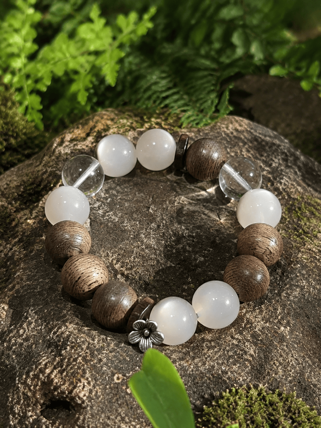Natural Moonstone, Agarwood & Clear Crystal Beaded Bracelet – Handcrafted Spiritual Jewelry for Men & Women