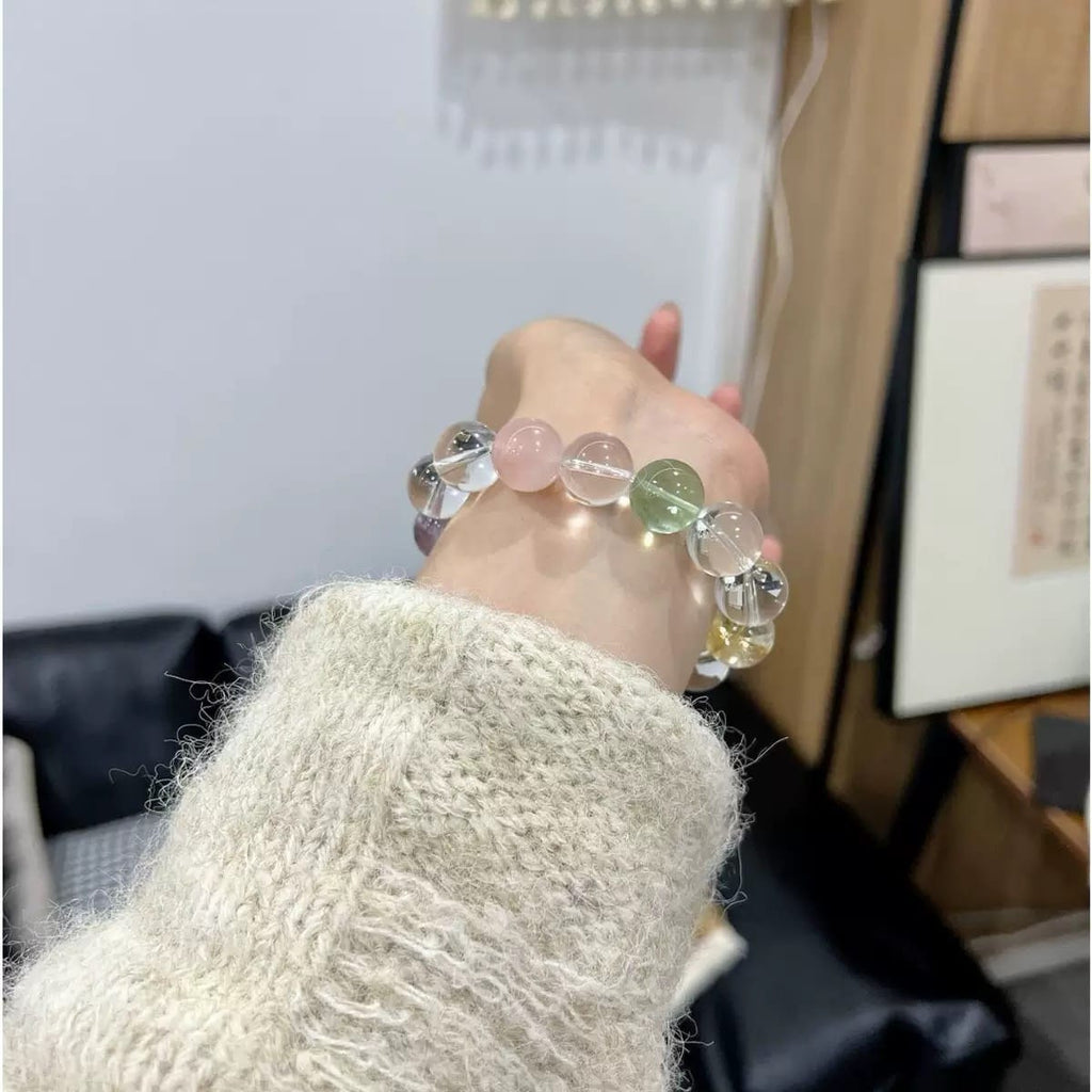 Natural Multi-Gem Crystal Bracelet – Amethyst, Rose Quartz, Fluorite & Clear Quartz Beads, Double-Strand Healing Gemstone Jewelry for Women