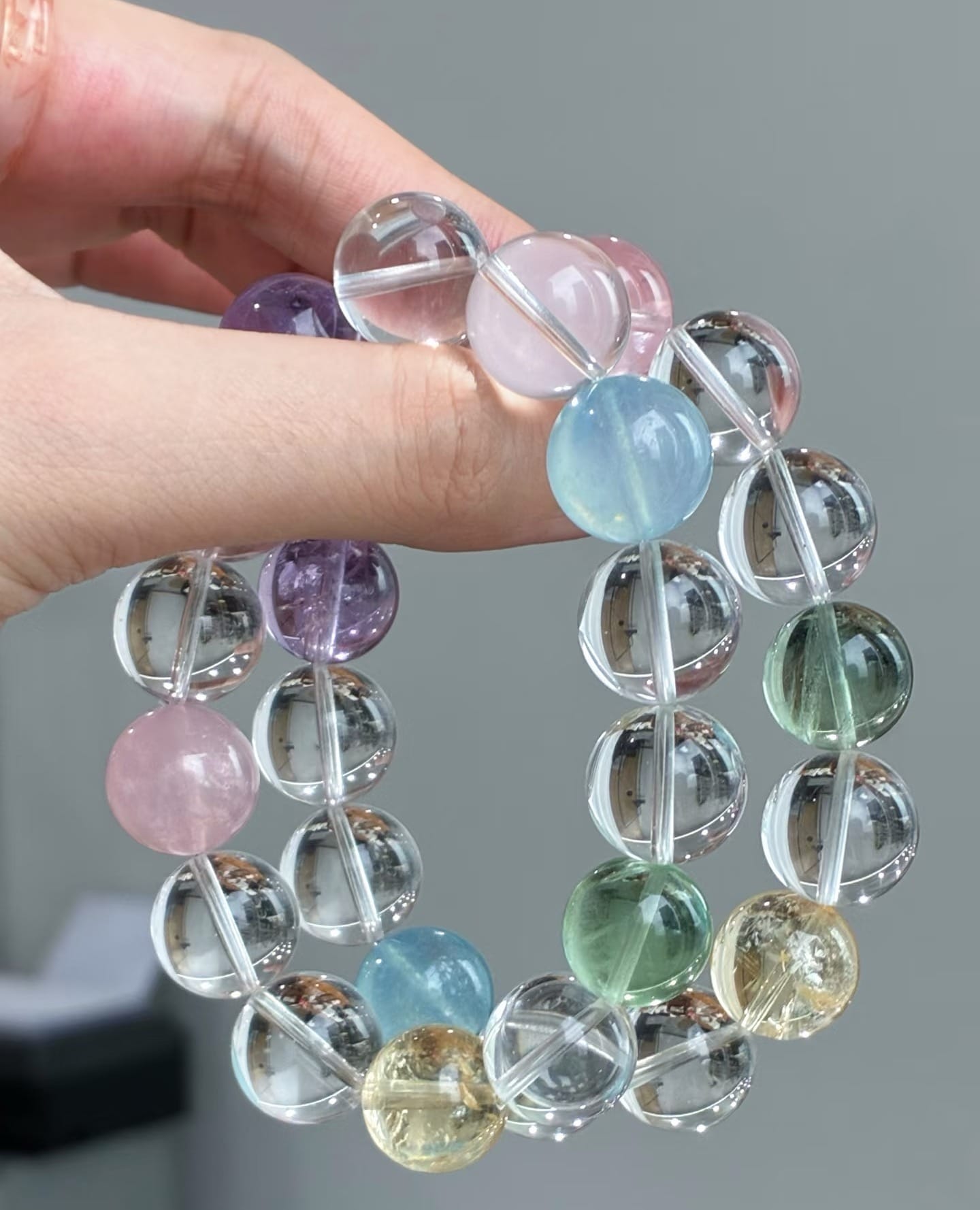 Natural Multi-Gem Crystal Bracelet – Amethyst, Rose Quartz, Fluorite & Clear Quartz Beads, Double-Strand Healing Gemstone Jewelry for Women